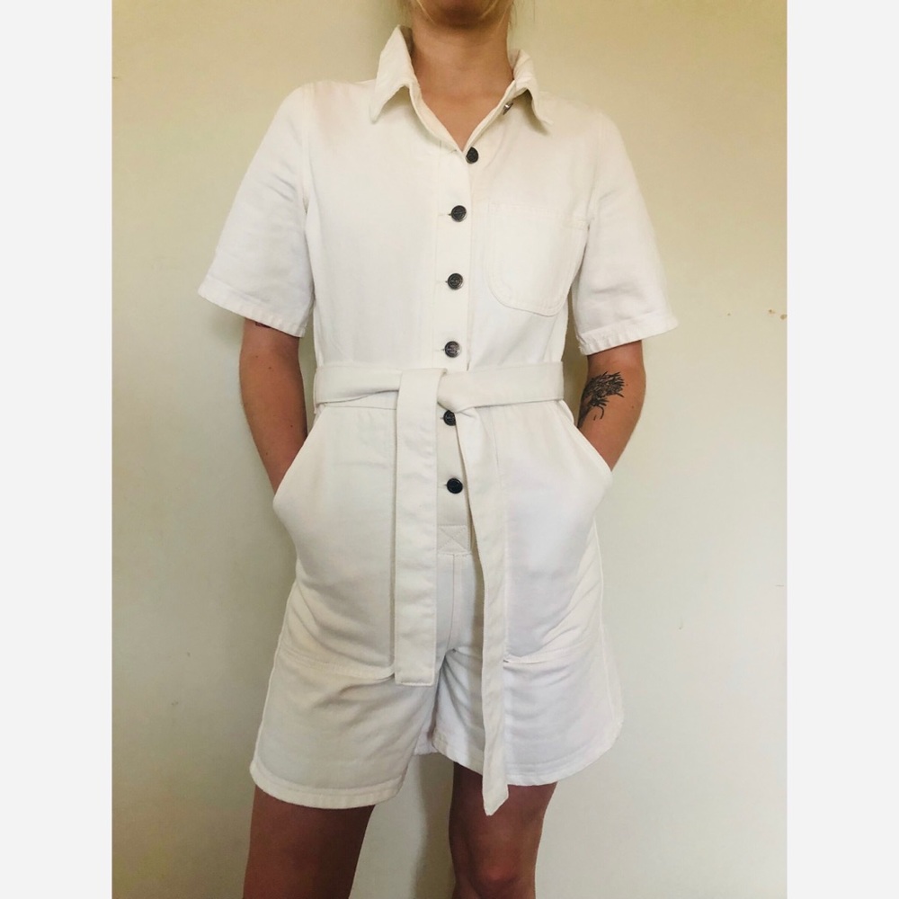 Women’s White Short-Sleeve Utility Romper with Belt